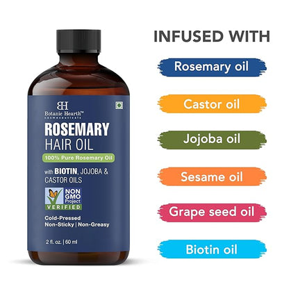 Botanic Hearth 100% Pure Rosemary Oil For Hair (2 Fl Oz) Infused With Biotin, Jojoba & Castor Oil | Hair Treatment | Nourishing & Volumizing | Non Gmo Verified | With Applicators - Hair Tonic
