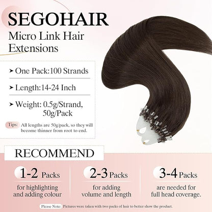 Micro Link Hair Extensions - Human Hair Micro Bead & Loop Extensions - Silky Straight Natural 50g/100 Stands 16" Dark Brown