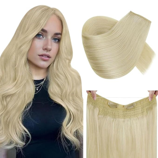 RUNATURE Wire Hair Extensions, Real Human Hair Wire Extensions Blonde, Invisible Fish Line Hair Extensions, Remy Natural Hair for Women, Add Volume, 12 Inch 70g #24 Bleach Blonde
