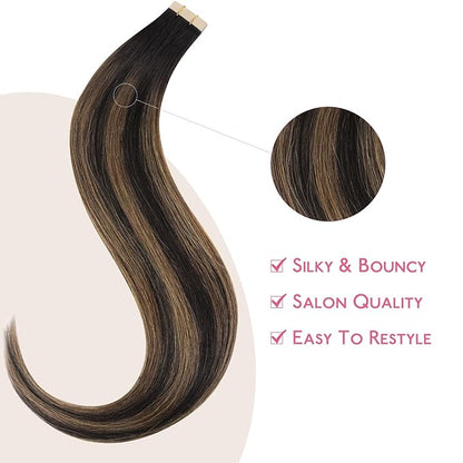 WENNALIFE Tape in Hair Extensions Human Hair Balayage Natural Black to Chestnut Brown Tape in Extensions, 10pcs 20g 10 inch Remy Invisible Tape Ins Straight Soft Real Human Hair Tape in Extensions