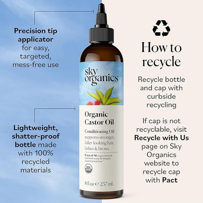 Sky Organics Castor Oil - USDA Certified Organic Hair Oil for Hair Growth, Skin, Face, Eyelashes - Cold Pressed & Hexane Free - Pure Organic Castor Oil Pack Wrap - Carrier & Hair Treatment Oil