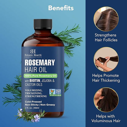 Botanic Hearth 100% Pure Rosemary Oil For Hair (2 Fl Oz) Infused With Biotin, Jojoba & Castor Oil | Hair Strengthening Treatment | Nourishing & Volumizing | Non Gmo Verified