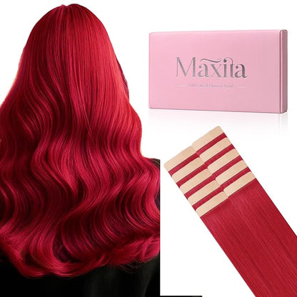 MAXITA Tape in Hair Extensions Human Hair Red Hair Extensions Tape ins, 10pcs 30g 22 Inch Colored Party Highlight Tape in Extensions Straight Soft Real Human Hair Extension