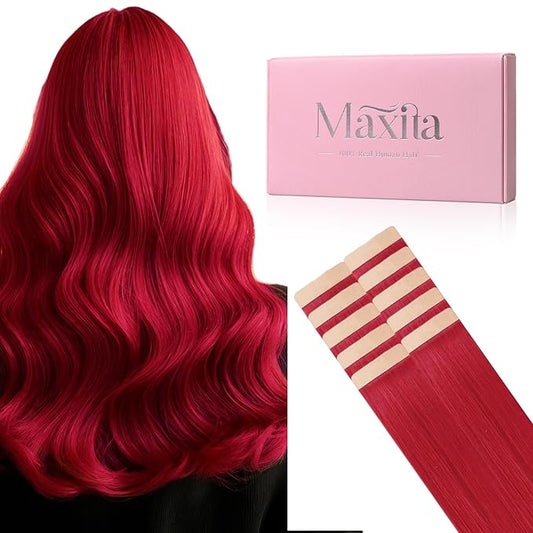 MAXITA Tape in Hair Extensions Human Hair Red Hair Extensions Tape ins, 10pcs 30g 22 Inch Colored Party Highlight Tape in Extensions Straight Soft Real Human Hair Extension