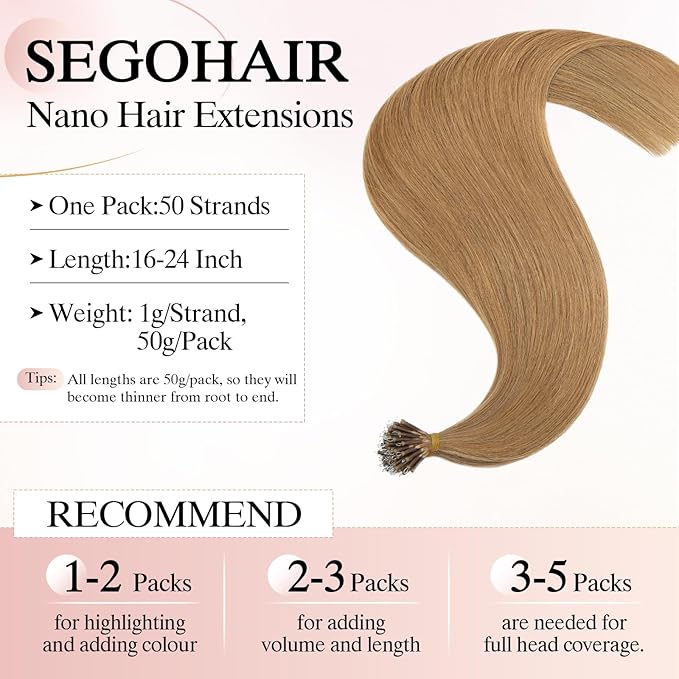 Nano Bead Human Hair Extensions - Nano Bond & Tip Extensions, Silky Straight Natural 50g/50 Stands 22" Dark Blonde