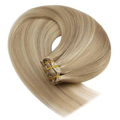 YoungSee Clip in Hair Extensions Human Hair Highlight Lace Clip in Extensions Real Human Hair Dark Ash Blonde Highlights Golden Blonde Remy Human Hair Extensions Clip ins Blonde 16Inch 7Pcs 120G