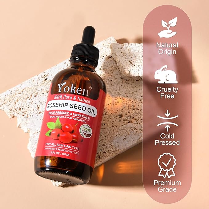 Yoken Rosehip Seed Oil For Face,100% Pure Rosehip oils For Skin,Scars,Hair & Nails.4 fl Oz Cold Pressed Rose Hips Oil For Skin Care, Anti-Aging, Scar Treatment, GUA SHA Massage DIY (4 Fl Oz)