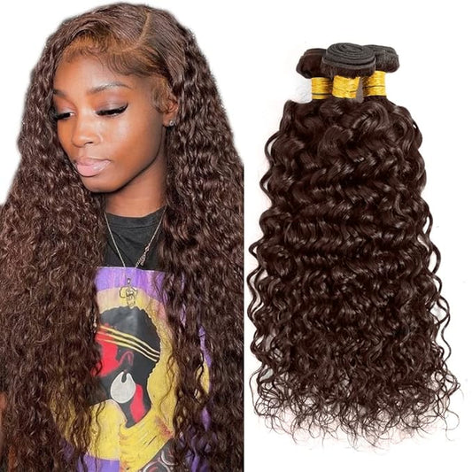 #4 Brown Bundles Human Hair Water Wave Bundles 26 28 30 Inch Human Hair Weave 3 Bundle Unprocessed Brazilian Virgin Hair Chocolate Water Wave Human Hair Extensions 50 Grams/Bundle
