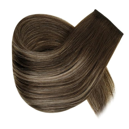 RUNATURE Wire Hair Extensions Real Human Hair, Balayage Brown Roots Human Hair Extensions for Women, Invisible Fish Line Extensions Soft Remy Hair, 16 Inch 80g #4/27/4