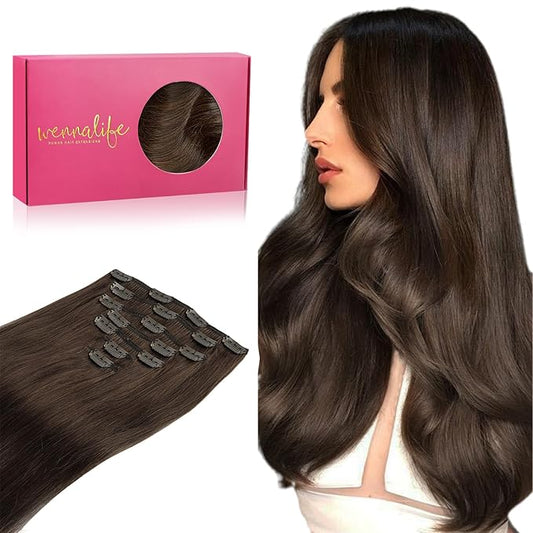 WENNALIFE Clip in Hair Extensions Real Human Hair, 22 Inch 120g 7pcs Chocolate Brown Hair Extensions Clip in Human Hair Remy Clip in Hair Extensions Real Human Hair Double Weft