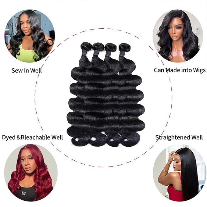 Body Wave Human Hair 4 Bundles (22 22 24 24) Unprocessed Brazilian Virgin Human Hair Extensions Brazilian Body Wave Weave Bundles Soft and Silky Natural Black Wavy Hair Quick Weave Bundle for Women