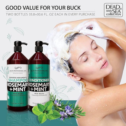 Dead Sea Collection Shampoo and Conditioner Set for Strengthening and Volume - Pure Dead Sea Minerals, Rosemary and Mint – Hair Care - Nutrition, Repair and Shine - Pack of 2 (33.8 & 30.6 Fl. Oz)