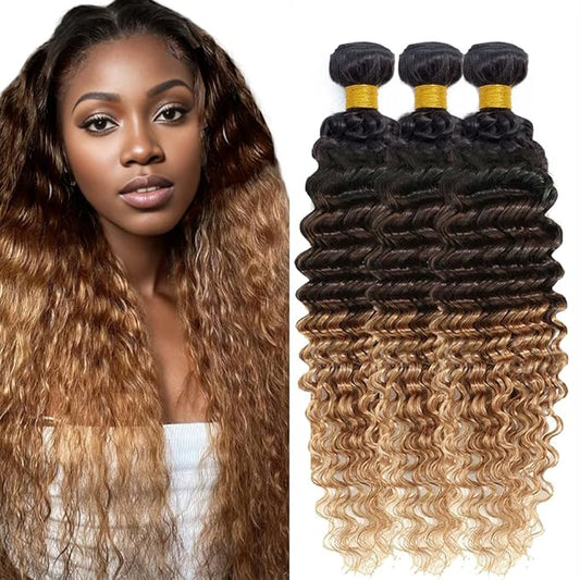 Ombre Bundles Human Hair Blonde Deep Wave Bundles 18 20 22 Inch Niegmeag Virgin Remy Hair Extensions Double Weft 3 Tone Brown and Honey Blonde Bundle