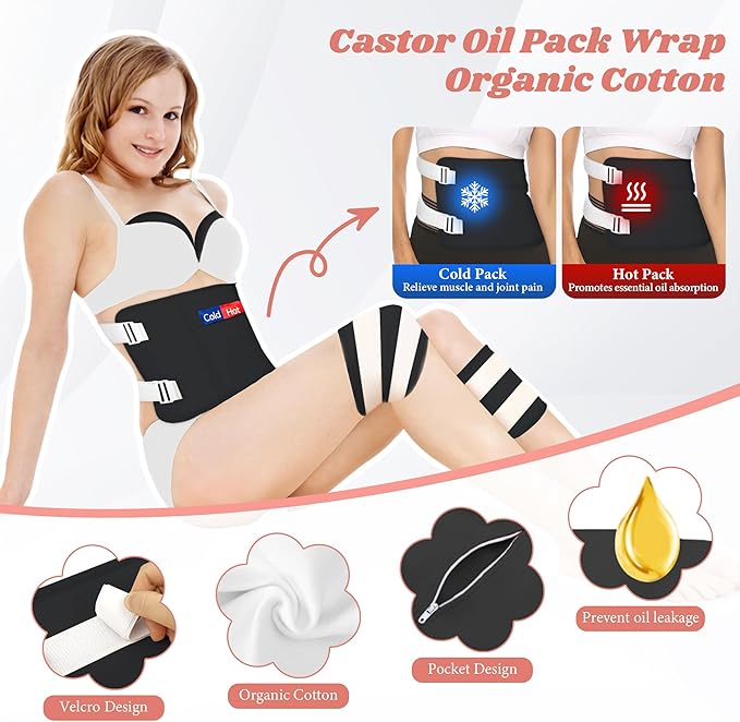 12 Pcs Castor Oil Pack Wrap-Black, Castor Oil Pack Organic Cotton for Knees Shoulder Hands Neck Waist Chest and Feet, Adjustable Compress Pads for Entire Body