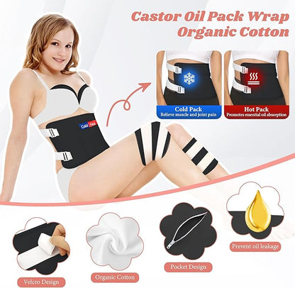 12 Pcs Castor Oil Pack Wrap-Black, Castor Oil Pack Organic Cotton for Knees Shoulder Hands Neck Waist Chest and Feet, Adjustable Compress Pads for Entire Body