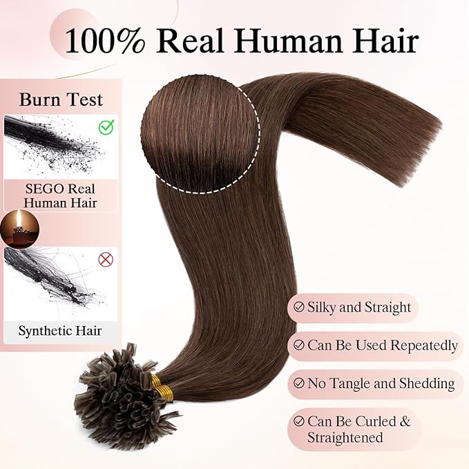 U Tip Hair Extensions Human Hair Pre Bonded Extensions Keratin Fusion Extensions K Tip Hair Extensions Real Human Hair Silky Straight Natural 50g/100 Stands 14" Medium Brown