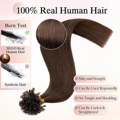 U Tip Hair Extensions Human Hair Pre Bonded Extensions Keratin Fusion Extensions K Tip Hair Extensions Real Human Hair Silky Straight Natural 50g/100 Stands 14" Medium Brown