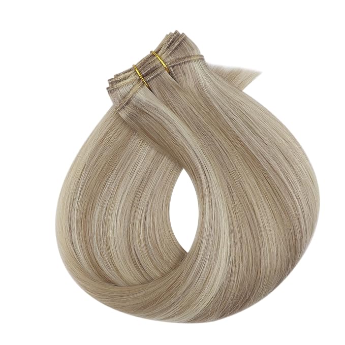 Full Shine Sew In Hair Extensions Real Human Hair Ash Blonde Hair Extensions Weft Extensions Straight Hair Sew In Weft Hair Extensions Color Ash Blonde Mix Golden Blonde 14 Inch 100G