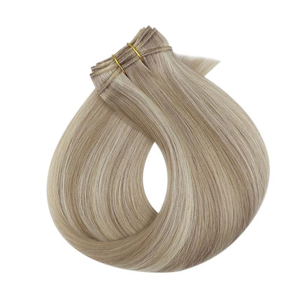 Full Shine Sew In Hair Extensions Real Human Hair Ash Blonde Hair Extensions Weft Extensions Straight Hair Sew In Weft Hair Extensions Color Ash Blonde Mix Golden Blonde 14 Inch 100G