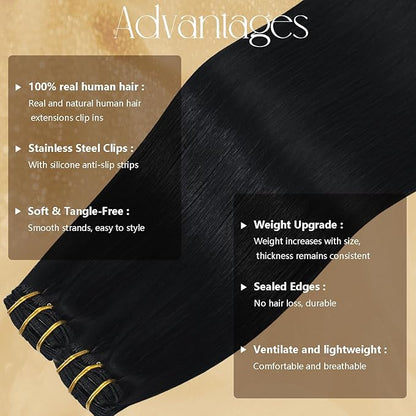 Clip in Hair Extensions Real Human Hair 75g #1 Jet Black Human Hair Extensions 15 Inches 7pcs Natural Straight Silky Black Hair Clip Ins for Black Women 75g #1