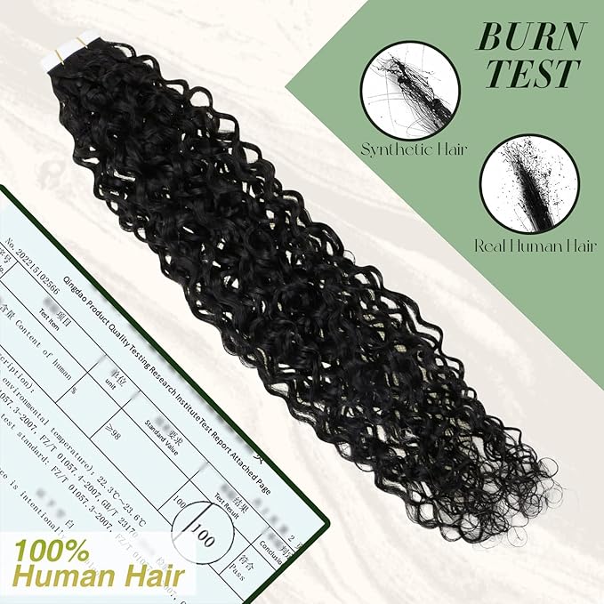 RUNATURE Curly Tape ins Human Hair Extensions Natural Black #1B Tape in Hair Extensions Real Human Hair Full Ends Curly Human Hair Tape in Extensions Silky Glue in Hair Extensions 16 Inch 50g 20pcs