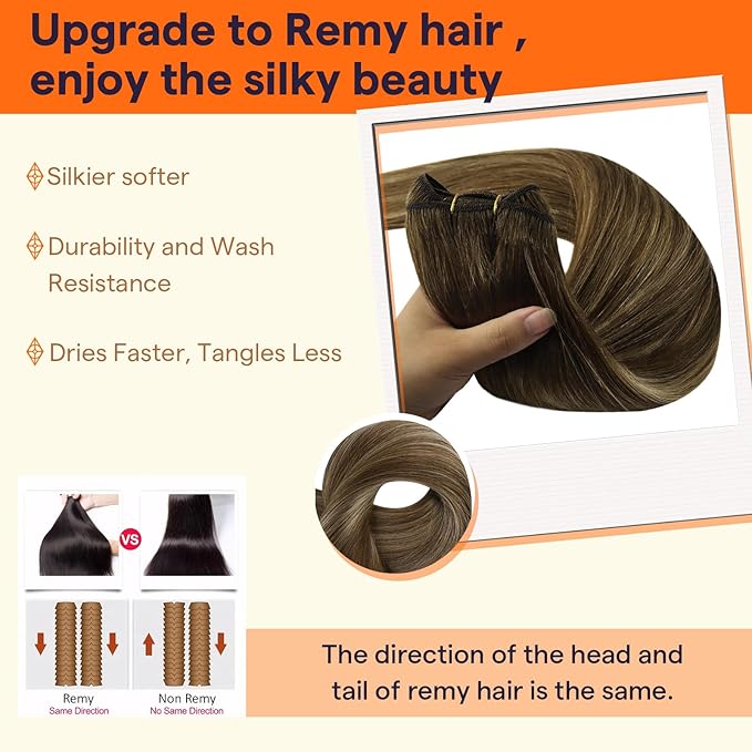 Full Shine Sew In Hair Extensions Real Human Hair Weft Hair Extensions Human Hair Color Brown To Blonde Mix Brown Manchine Tied Weft Human Hair Extensions Silky Hair Short Hair Extensions 14 Inch 100G