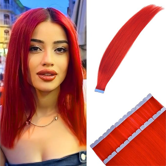Red Tape in Hair Extensions Remy Human Hair Silky Soft Invisible Colored Tape ins Human Hair Extensions