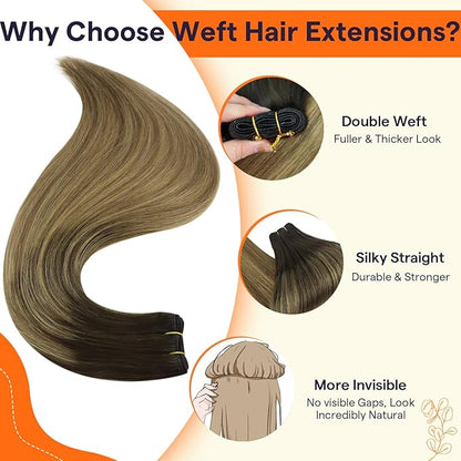 Full Shine Weft Hair Extensions Human Hair Sew In Hair Extensions Remy Hair Color Dark Brown To Ash Brown Mix Blonde Hair Bundles Straight Hair 18 Inch 105G