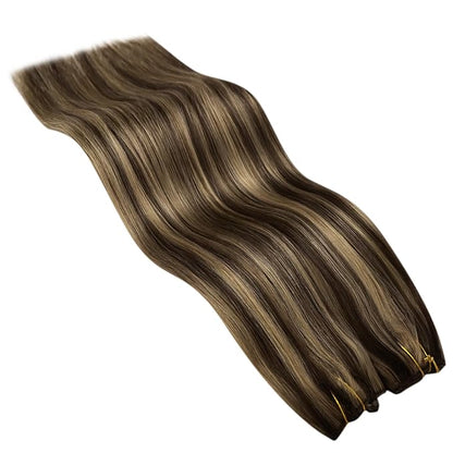 YoungSee 120G Wire Hair Extensions Highlight Fish Line Hair Extensions Human Hair Dark Brown Highlight Blonde Invisible Wire Real Human Hair Extension Heat-Styable for Party 18inch