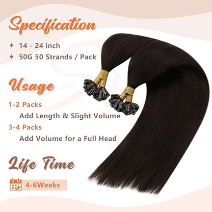 Sunny Hair U Tip Hair Extensions Human Hair Thick Keratin Bonds Hair Extensions Dark Brown K Tips Hair Extensions Short Straight Hair 14inch 50g