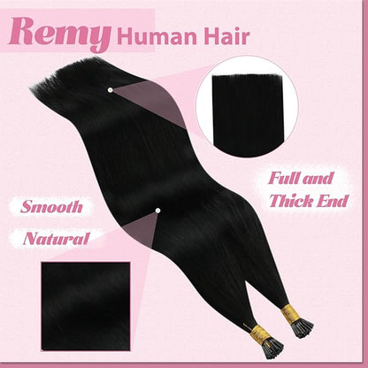 YoungSee I Tips Hair Extensions Real Human Hair Black Itip Hair Extensions Real Human Hair Jet Black 14 Inch 50g Tip Hair Extension for Short Hair Easy to Wear 80s Remy Human Hair