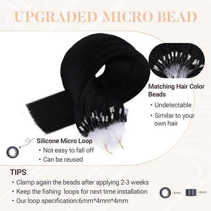 MAXITA Microlink Hair Extensions Human Hair, Jet Black Micro Bead Hair Extensions Virgin Human Hair, 50g/50 Strands/Pack, 14 In