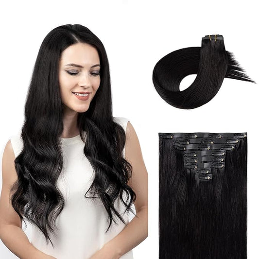 Clip in Hair Extensions Real Human Hair Natural Black Seamless Clip In 100% Remy Hair Extensions PU Skin Weft Add Volume Invisible for Long Straight Hair #1B 22Inch 120G 8PCS