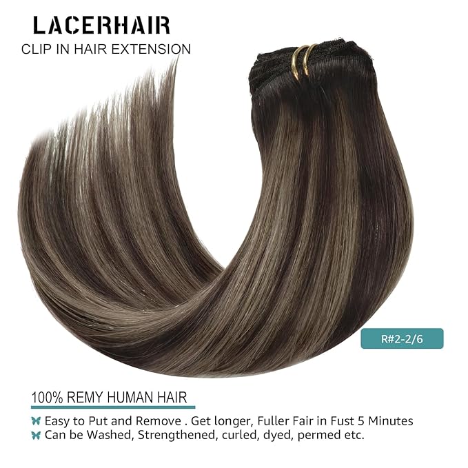 Lacer New Version Thick Hair Extensions Clip in Human Hair Silky Straight Dark Brown to Medium Brown Highlight Dark Brown R#2-2/6 140g 7pcs with 16 Clips per Set 22 Inch