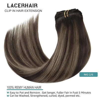 Lacer New Version Thick Hair Extensions Clip in Human Hair Silky Straight Dark Brown to Medium Brown Highlight Dark Brown R#2-2/6 140g 7pcs with 16 Clips per Set 22 Inch