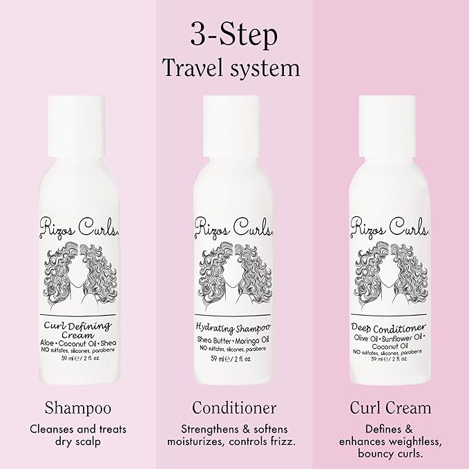 Rizos Curls Trio Travel Curl Kit, Includes Travel Hydrating Shampoo, Travel Deep Conditioner, Travel Curl Cream, Gently Cleanse, Hydrate and Style, For All Curl Patterns 2a - 4c, 3 pack of 2 oz