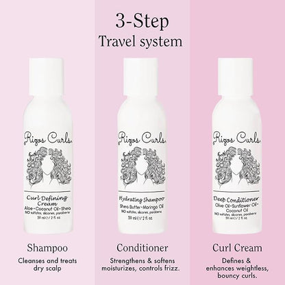 Rizos Curls Trio Travel Curl Kit, Includes Travel Hydrating Shampoo, Travel Deep Conditioner, Travel Curl Cream, Gently Cleanse, Hydrate and Style, For All Curl Patterns 2a - 4c, 3 pack of 2 oz