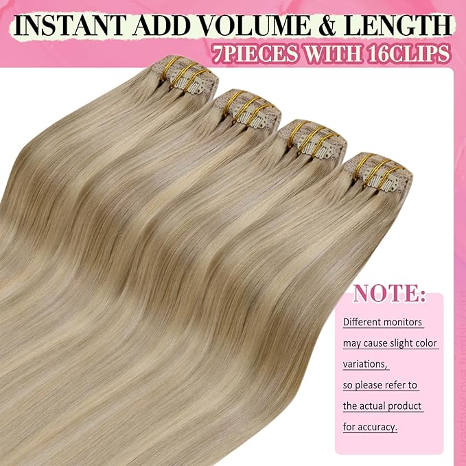 YoungSee Clip in Hair Extensions Human Hair Highlight Lace Clip in Extensions Real Human Hair Dark Ash Blonde Highlights Golden Blonde Remy Human Hair Extensions Clip ins Blonde 16Inch 7Pcs 120G