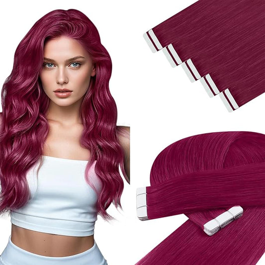 YoungSee Tape in Human Hair Extensions Magenta 10pcs 25g Red Hair Extensions Real Human Hair Tape in 18In Real Hair Tape in Extensions Human Hair Color Real Human Hair Tape in Extensions for Prom