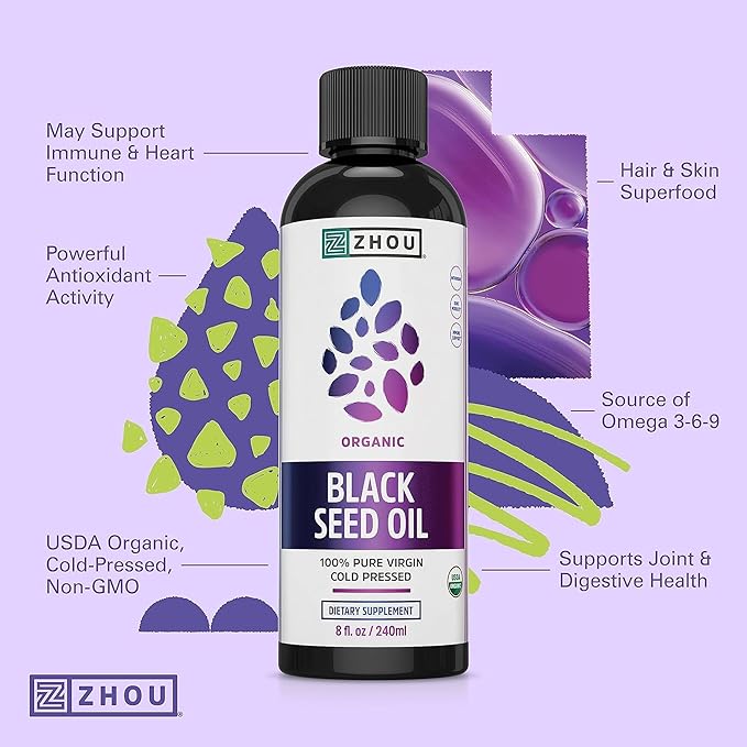ZHOU Black Seed Oil & Capsules - Black Cumin Seed Oil Cold Pressed, Pure Unrefined Nigella Sativa, Premium Supplement for Health, Hair & Skin - 8 fl oz Bottle & 60 Capsules