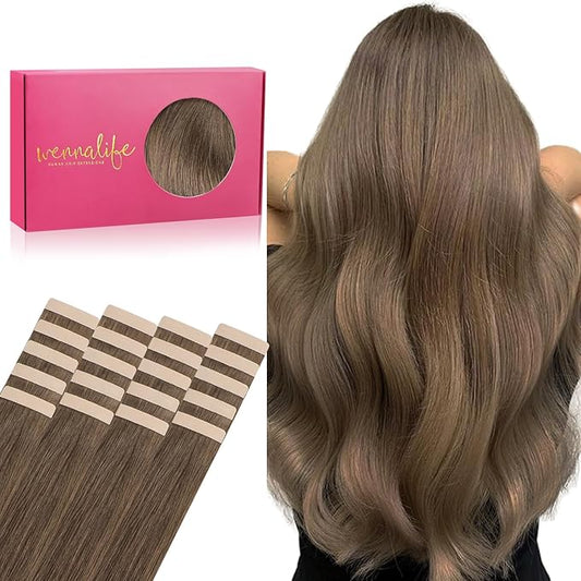 WENNALIFE Tape in Hair Extensions Human Hair, 20pcs 30g 10 inch Light Ash Brown Extensions Real Human Natural Straight Tape in Invisible Human Hair Extensions