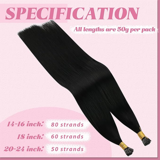 YoungSee 26 Inch I Tip Hair Extensions Human Hair Black Itip Extensions Black I Tip Extensions Human Hair Jet Black Keratin Tip Hair Extensions Human Hair 50s 50g Extensions for Women Real Hair