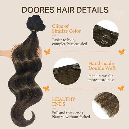 DOORES Clip in Hair Extensions, Balayage Dark Brown to Chestnut Brown 14 Inch 120g 7pcs, Remy Human Hair clip in Extensions Natural Straight