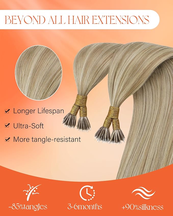 Sunny Hair Nano Bead Hair Extensions Remy Real Human Hair Extensions Nano Bead 18 inch Golden Blonde Highlights Light Blonde Nano Tip Real Hair Extensions for Young Adults 50G