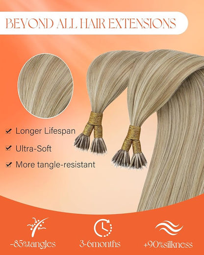 Sunny Hair Nano Bead Hair Extensions Remy Real Human Hair Extensions Nano Bead 18 inch Golden Blonde Highlights Light Blonde Nano Tip Real Hair Extensions for Young Adults 50G