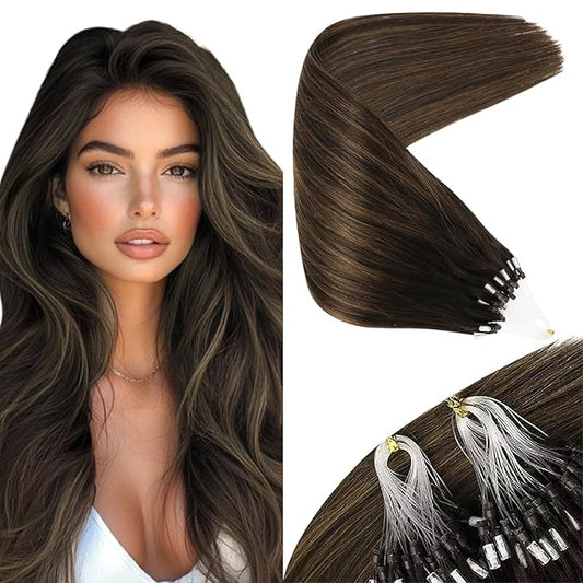 Sunny Hair Microlink Hair Extensions Human Hair Dark Brown Balayage, Straight Beaded Extensions, Soft Silky Micro Loop, Natural Blends for Women, Just Below the Shoulders 16 Inch 50G