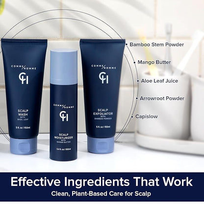 Comme Homme Ultimate Scalp Care Bundle for Bald Men | 3-Step Routine with Scalp Wash, Exfoliator & Moisturizer | Deep Cleanse, 24-Hour Moisture & Skin Protection | Free Toiletry Bag Included