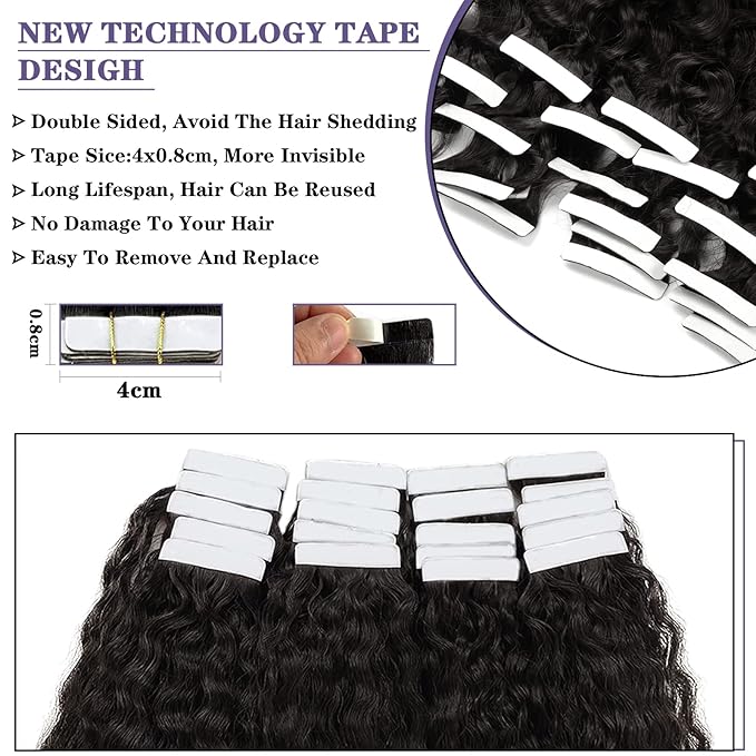 Anrosa Kinky Curly Hair Tape in Extensions Human Hair 3c Deep Curly Seamless Skin Weft Jerry Curly Tape ins Natural Black #1B Real Human Hair Tape in Extensions for Black Women 16 Inch 20 Pieces 50g