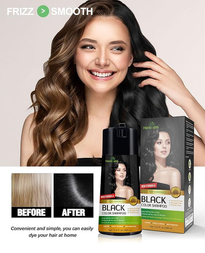 Herbishh Hair Color Shampoo for Gray Hair - Enriched Formula with Keratin & Tuber Fleece Flower - Full Grey Coverage, Easy to Use, Long lasting, Instant - Black (400ml)