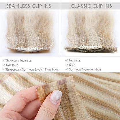 WENNALIFE Seamless Clip In Hair Extensions, 22 Inch 150g 7pcs Dirty Blonde Highlighted Bleach Blonde Hair Extensions Clip in Human Hair Invisible PU Skin Weft Natural Remy Human Hair Extensions